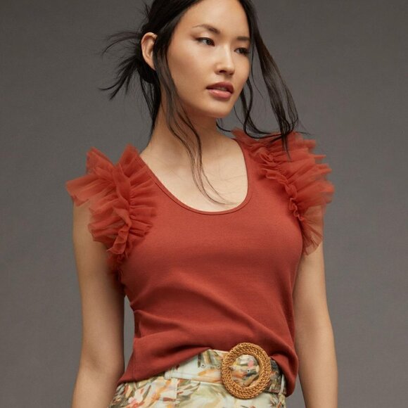 Bailey 44 Top Sleeveless Tulle XL NWT Sleeves Ruffle Ribbed Stretch Knit Orange - Picture 2 of 8